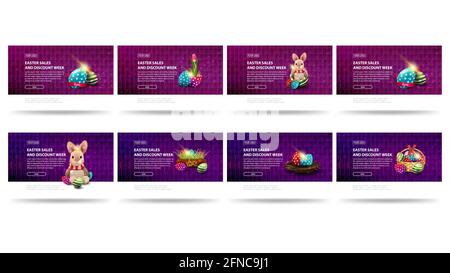 Osterverkäufe und Rabattwoche, großes Set moderne lila horizontale Rabatt Banner mit Tasten und Ostern Symbole für Ihre Website Stockfoto