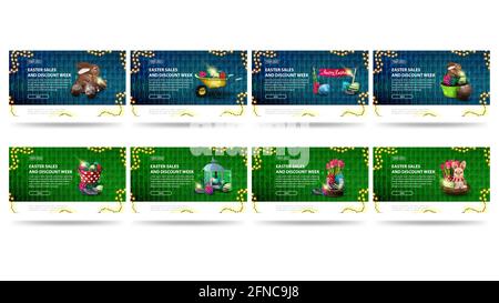Osterverkäufe und Rabattwoche, großes Set moderne grüne und blaue horizontale Rabatt-Banner mit Tasten und Ostern Symbole für Ihre Website isoliert auf Stockfoto