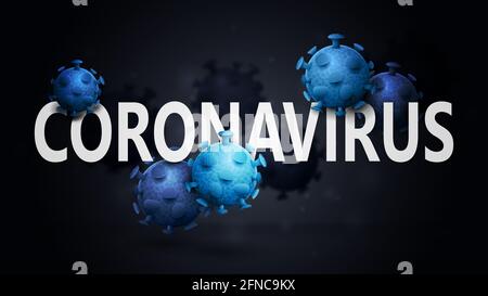 Coronavirus schwarz Konzept mit weißen großen Schlagzeile mit blauen 3D-Moleküle von Coronavirus um Titel. Coronavirus Hintergrund in schwarzen Farben für Web Stockfoto