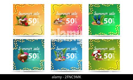 Sommerangebot, bis zu 50 Rabatt, großes Set moderne bunte quadratische Rabatt-Banner mit Sommer-Icons und Rahmen von Girlanden für Ihre Website. Große Sammlung Stockfoto