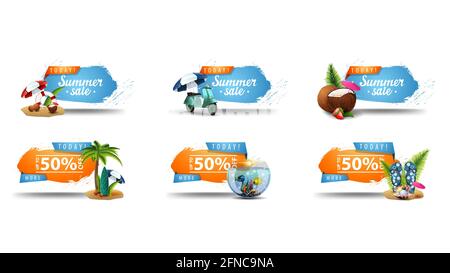 Sommerangebot, bis zu 50 Rabatt, große Kollektion blau und orange anklickbare Banner mit zerklüfteten Ecken isoliert auf weißem Hintergrund für Ihre Kunst Stockfoto