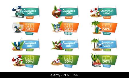 Sommerangebot, bis zu 50 Rabatt, große anklickbare Banner mit Sommer-3D-Symbolen und Knöpfen im Papierschnitt-Stil. Rabatt Sommer-Gutschein für Ihre Web Stockfoto