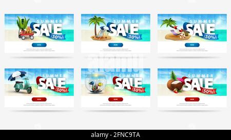 Sommerverkauf, bis zu 50 Rabatt, große Sammlung Rabatt Banner für Website mit Sommer-Symbol, Seeseat auf dem Hintergrund, Tasten und große weiße Titel Wrapp Stockfoto