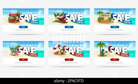 Sommerverkauf, bis zu 50 Rabatt, große Reihe von horizontalen Rabatt-Banner für Ihre Website mit Sommer-Icons, Seascape auf dem Hintergrund, polygonale Textur, aber Stockfoto