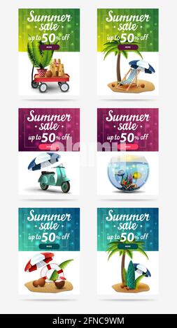 Sommerangebot, bis zu 50 Rabatt, vertikale Rabattbanner mit polygonaler Textur, Knöpfen und Sommerabbildungen. Große Kollektion Sommer Banner für Sie Stockfoto