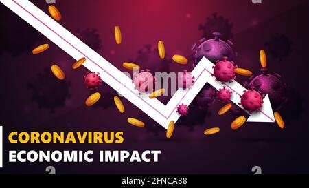 Wirtschaftliche Auswirkungen des Coronavirus, schwarzes und rosafarbenes Banner mit weißem Pfeil eine fallende Wirtschaftsgrafik mit Goldmünzen rund um und umgeben von Coronavirus mol Stockfoto