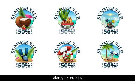 Sommerangebot, bis zu 50 Rabatt, große Runde Discount-Banner für Ihr Unternehmen mit Sommer-Icons isoliert auf weißem Hintergrund. Stockfoto