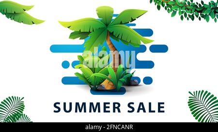 Sommerverkauf, weißes Discount-Webbanner mit tropischen Dschungelelementen, Palmen und Rahmen aus tropischen Blättern Stockfoto
