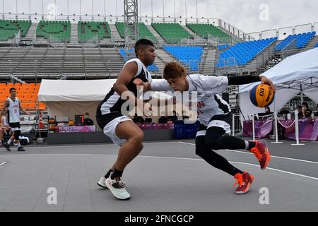 Tokio, Japan. Mai 2021. Die Spieler treten am Sonntag, den 16. Mai 2021, im Aomi Urban Sports Park in Tokio, Japan, beim 3x3 Basketball-Testevent „READY STEADY TOKYO“ der Olympischen Spiele 2020 in Tokio an. Foto von Keizo Mori/UPI Credit: UPI/Alamy Live News Stockfoto