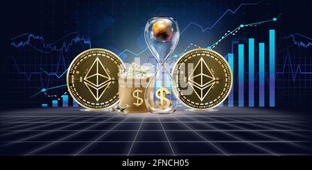 Weltweites Kryptowährungs-Ethereum-Wachstumskonzept. Goldene Ethereum-Münze, Sandglas, Geldbeutel auf Chart-Hintergrund. 3d-Illustration. Stockfoto