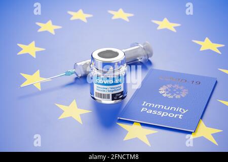 Immunity Passport for Europe Konzept: Eine Ampulle mit Covid-19-Impfstoff, eine Spritze und ein Modell mit einem Immunitätspass auf EU-Flagge in blau mit Yello Stockfoto