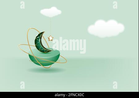 3D-Illustration der klassischen teal muslimischen islamischen Festival Thema Produktanzeige Hintergrund mit Halbmond. Stock Vektor