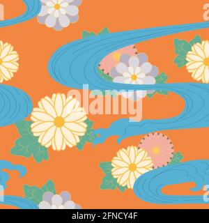 Japanisches Muster. Traditionelles Blumenmotiv, Wellen. Design für Drucke, Stoff, Poster und Tapeten. Vektorgrafik. Stock Vektor