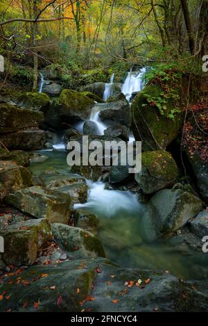Fluss Gurn, auf dem Weg zwischen Sant Privat und dem Wasserfall Salt de Sallent im Herbst (Vall d'en Bas, Garrotxa, Katalonien, Spanien) Stockfoto