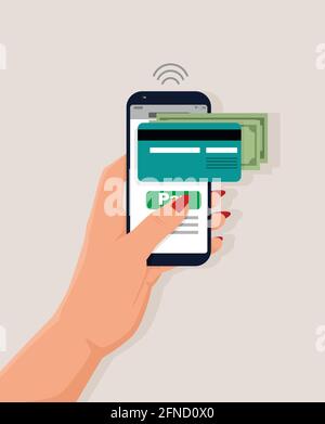Die Hand hält ein Mobiltelefon, das die Pay-Taste auf dem Bildschirm drückt. Geschäftskonzept von Internet-Zahlungen, Finanztransaktionen, Steuern, Mobile Banking Stock Vektor