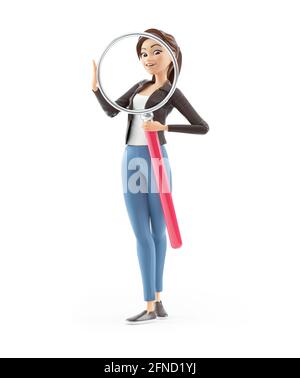3d Cartoon Frau mit großer Lupe, Illustration isoliert auf weißem Hintergrund Stockfoto