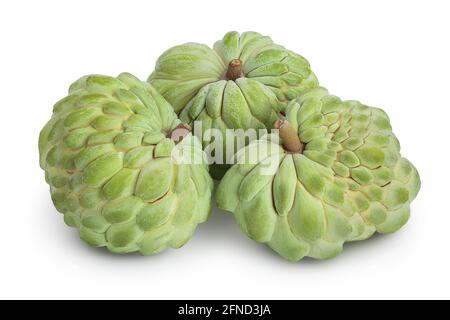 Zucker Apfel oder Pudding Apfel isoliert auf weißem Hintergrund mit Clipping Pfad und volle Tiefe des Feldes. Exotische tropische Thai annona oder Cherimoya Frucht Stockfoto