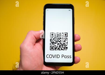 Ein Smartphone mit elektronischem Immun-digitalem Gesundheitspass, Covid-Pass mit QR-Code in mans-Hand auf gelbem Hintergrund. Stockfoto