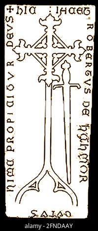 Ein Stich aus dem 19. Jahrhundert, der einen alten geschnitzten Grabstein zeigt, der in Cumberland, Großbritannien, entdeckt wurde. Neben Stab und Kreuz zeigt der Stein ein Schwert und möglicherweise den Namen des verstorbenen robertus de Hahmor (Robert von Hammoor, Deutschland?) Der vielleicht Soldat gewesen sein mag. Stockfoto