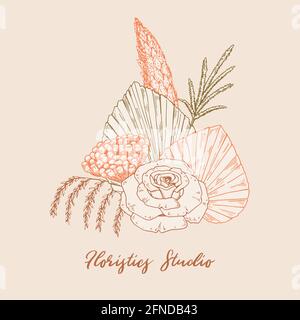 Handgezeichnetes modernes Blumenstrauß mit Rose, getrockneten Palmblättern und Pampagras. Vektorgrafik im Skizzenstil Stock Vektor