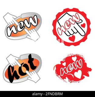 Eine Reihe von Etiketten für neue Produkte mit Hand und Herzen Stock Vektor