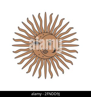 Esoterisches Symbol. Mystisches und magisches Design mit Sonne, Sternen und Mond. Stock Vektor