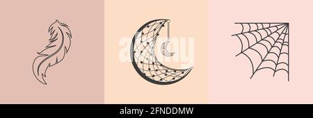 Esoterische Symbole. Schemasymbol für Alchemie oder heilige Geometrie. Mystisches und magisches Design mit Kristallen, Sonne, Sternen, Totenkopf und Mond. Feder, Runen, p Stock Vektor