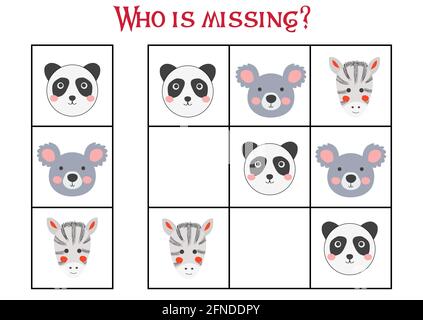 Sudoku Spiel für Kinder mit Bildern. Kinder Aktivität Blatt. Niedliche afrikanische Tiere Schnauze Stock Vektor