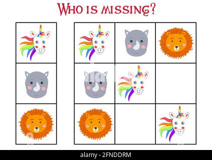 Sudoku Spiel für Kinder mit Bildern. Kinder Aktivität Blatt. Niedliche afrikanische Tiere Schnauze Stock Vektor