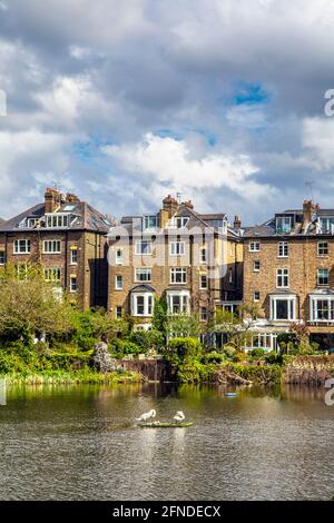 Häuser in Hill Park Gardens mit Blick auf einen Teich in Hampseatd Heath, London, Großbritannien Stockfoto