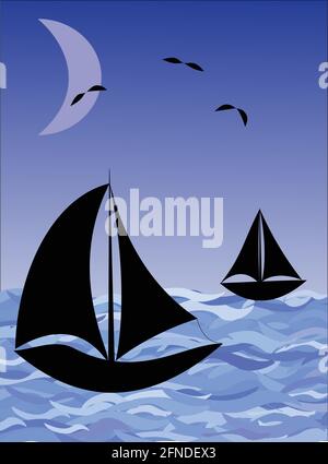Fantasy-Bild Nacht Meer mit Fischerbooten und Mond Stock Vektor