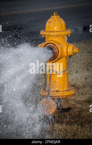 Der gelbe Hydrant ist weit geöffnet, und das Wasser sprudelt in der Nähe aus Eine Straße Stockfoto