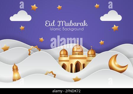 Eid mubarak Hintergrund in Papierschnitt-Stil mit goldenen 3D-Moschee und Dekorationen. Islamischer Hintergrund geeignet für Ramadan, Eid al Adha, Eid al Fitr. Stock Vektor