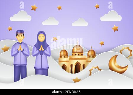 Islamischer Hintergrund Papier geschnitten Stil mit Mann und Frau beten. Islamischer Hintergrund geeignet für Ramadan, Eid al Adha, Eid al Fitr. Stock Vektor