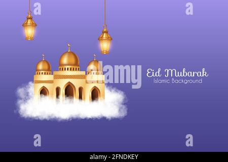 Eid mubarak Hintergrund mit realistischen Wolken, 3d goldene Moschee und Dekorationen. Islamischer Hintergrund geeignet für Ramadan, Eid al Adha, Eid al Fitr. Stock Vektor