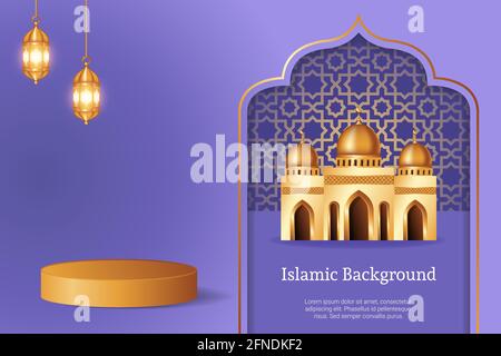 Luxus 3d-Display Podium Dekoration in lila Hintergrund mit realistischen Moschee und goldenen Halbmond. Produktpräsentation geeignet für Ramadan, Ei Stock Vektor