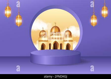 Moderne 3d-Anzeige Podium Dekoration in lila Hintergrund mit realistischen Wolken und Moschee. Produktpräsentation geeignet für Ramadan, Eid al Adha, Eid Stock Vektor