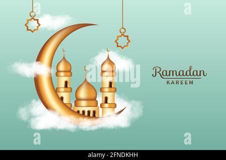 Luxuriöser Ramadan-Kareem mit realistischen Wolken, goldener 3D-Moschee und Mondsichel-Dekorationen. Islamischer Hintergrund geeignet für Ramadan, Eid al Adha, Eid Stock Vektor