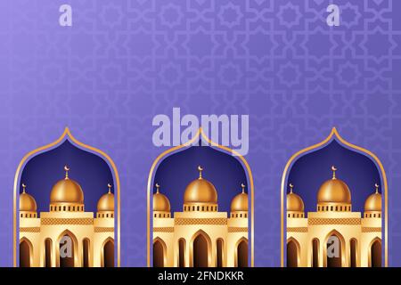 Luxuriöser islamischer Hintergrund mit realistischer goldener 3D-Moschee. Islamischer Hintergrund geeignet für Ramadan, Eid al Adha, Eid al Fitr. Stock Vektor