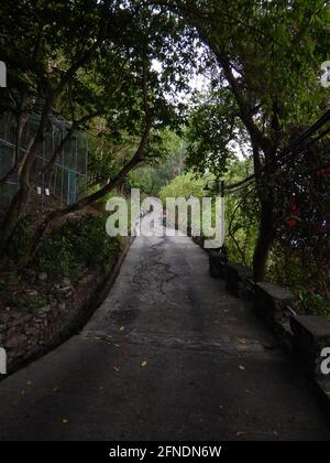 Straße, die in einem Resort in Eagle Point, Batangas, Lozon, Philippinen, bergauf führt Stockfoto