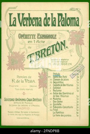 Partitura Musical de la opereta española La Verbena de la Paloma, de Tomás Bretón. Año 1903. Stockfoto