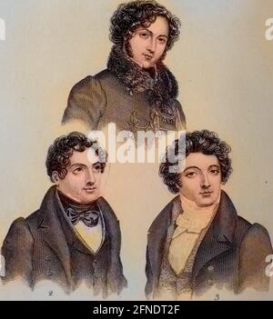 Eingravierte Porträts von populären Musikern, Giovanni Battista Rubini, Gaetano Donizetti und Luigi Lablache, aus dem Buch "die Welt der Mode und der kontinentalen Feuilletons", 1824. Courtesy Internet Archive. Hinweis: Das Bild wurde mit einem modernen Verfahren digital eingefärbt. Die Farben sind möglicherweise nicht zeitgenau. () Stockfoto