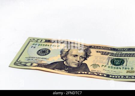 Gegenseite des 20-Dollar-Porträts, Hintergrund für 20-Dollar-Banknoten, selektiver Fokus, us-Dollar-Banknote mit dem Foto eines Stockfoto