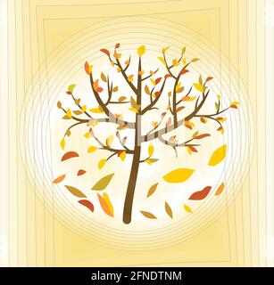 Baum mit bunten Blättern auf einem hellgelben abstrakten Hintergrund, feines Herbstmotiv Stock Vektor