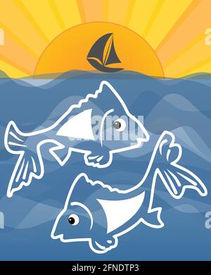 Sommer-Thema mit Meer, Fisch-Cartoon, Sonne und kleine Schiff Silhouette am Horizont, Vektor-Konzept für Angelsport, Fisch-Restaurant Stock Vektor