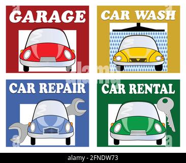 Dienstleistungen für Autofahrer und Fahrer - Garage, Autowaschanlage, Autoreparatur, Autovermietung. Satz von bunten Plakatwänden mit Auto-Karikatur und weißer Inschrift. Stock Vektor