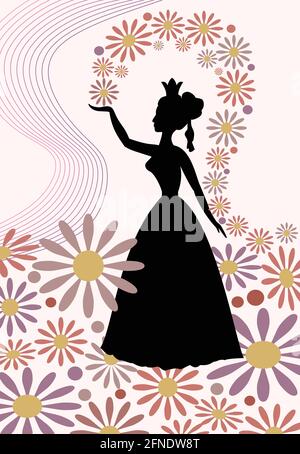 Silhouette einer Dame mit königlicher Krone, die Blumen über ihren Kopf wirft. Romantisches Frühlingsmotiv mit Frühlingskönigin in zartem Pink und Lila. Wunderschön Stock Vektor