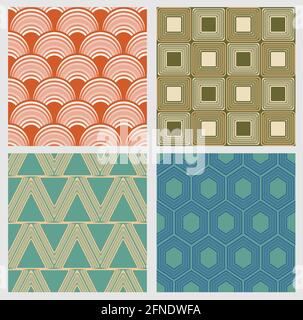 Einfache geometrische Nahtmuster im Retro-Stil. Set von nahtlosen Vintage-Fliesen in rot, grün und blau, mit Kreis, Quadrat, Dreieck und er dekoriert Stock Vektor