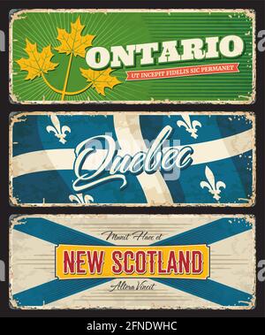 Ontario, Quebec und New Scotland Kanada Regionen und Provinzen Vektorplatten von kanadischen Flaggen und Wappen. Vintage Blechteller mit Gold Ahorn lea Stock Vektor