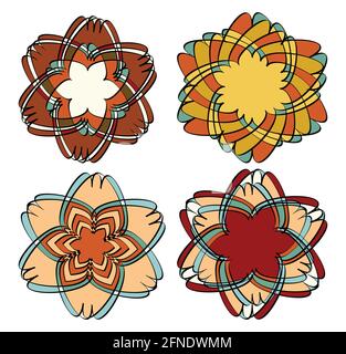 Set aus vier Design-Formen im Vintage-Stil. Geometrische Sternformen in Retro-Farben mit kalligraphischer Umrandung. Stock Vektor
